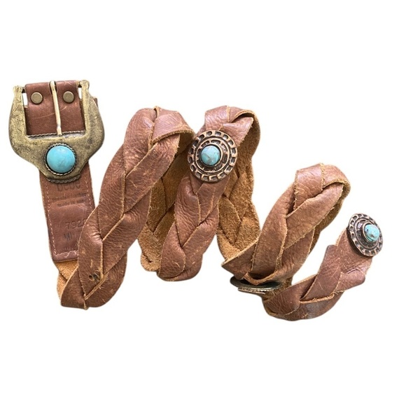 Vintage Y2K BEBE Brown Braided Leather Studded Faux Turquoise Southwest Belt M/L main image 7